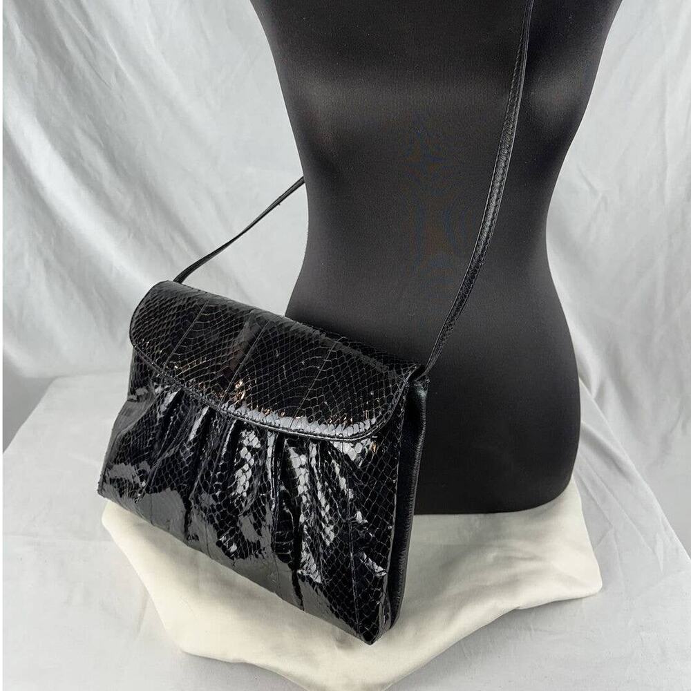 Vintage Jacomo of Paris‎ Crossbody Clutch Purse Black Patent Snakeskin Leather